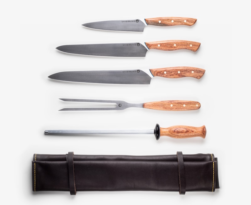 Close-up of chef's knife blade edge showing precision German steel